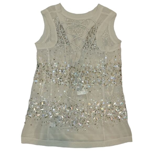 NWT Adrianna Papell Champagne Sheer Beaded Sequin Sleeveless Top Blouse S - Picture 1 of 16